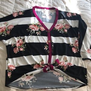 Striped Floral Button 3/4 Sleeve Shirt